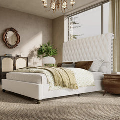 AMERLIFE 52.8" High Bed Frame with Sleigh Headboard, Modern Velvet Upholstered Platform Bed with Deep Button Tufted Headboard/Studded Trim, Queen/King Size/Unique Bedroom Furniture/Best Gift Ideas/Christmas Gifts