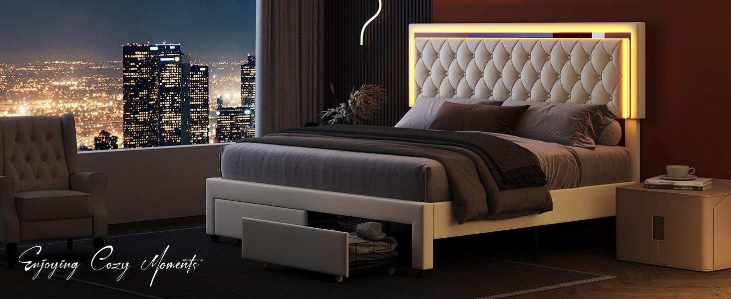 AMERLIFE Modern Bed Frame with Two Storage Drawers and Smart LED Lights, Velvet Upholstered Platform Bed Adjustable Headboard, Acrylic Mirror Decoration/Full/Queen/King Size/Best Gift Ideas/Christmas Gifts