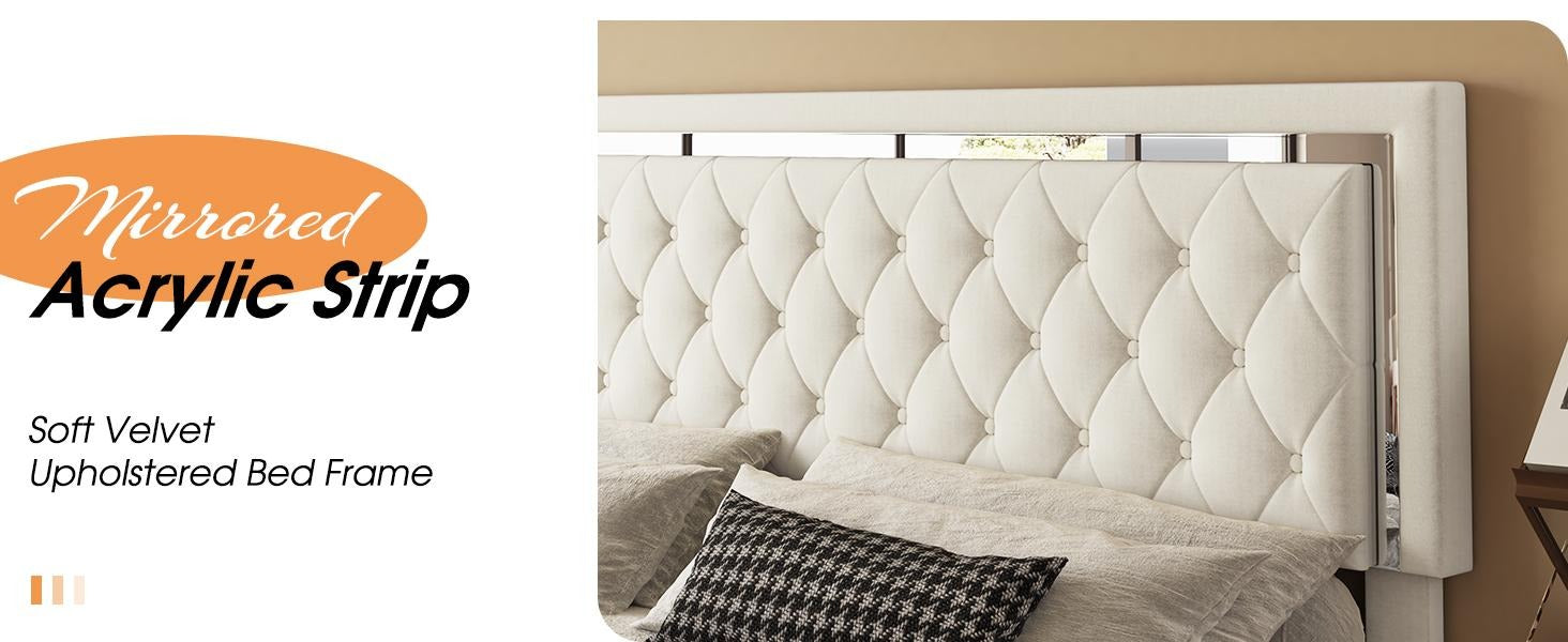 AMERLIFE Modern Bed Frame with Two Storage Drawers and Smart LED Lights, Velvet Upholstered Platform Bed Adjustable Headboard, Acrylic Mirror Decoration/Full/Queen/King Size/Best Gift Ideas/Christmas Gifts