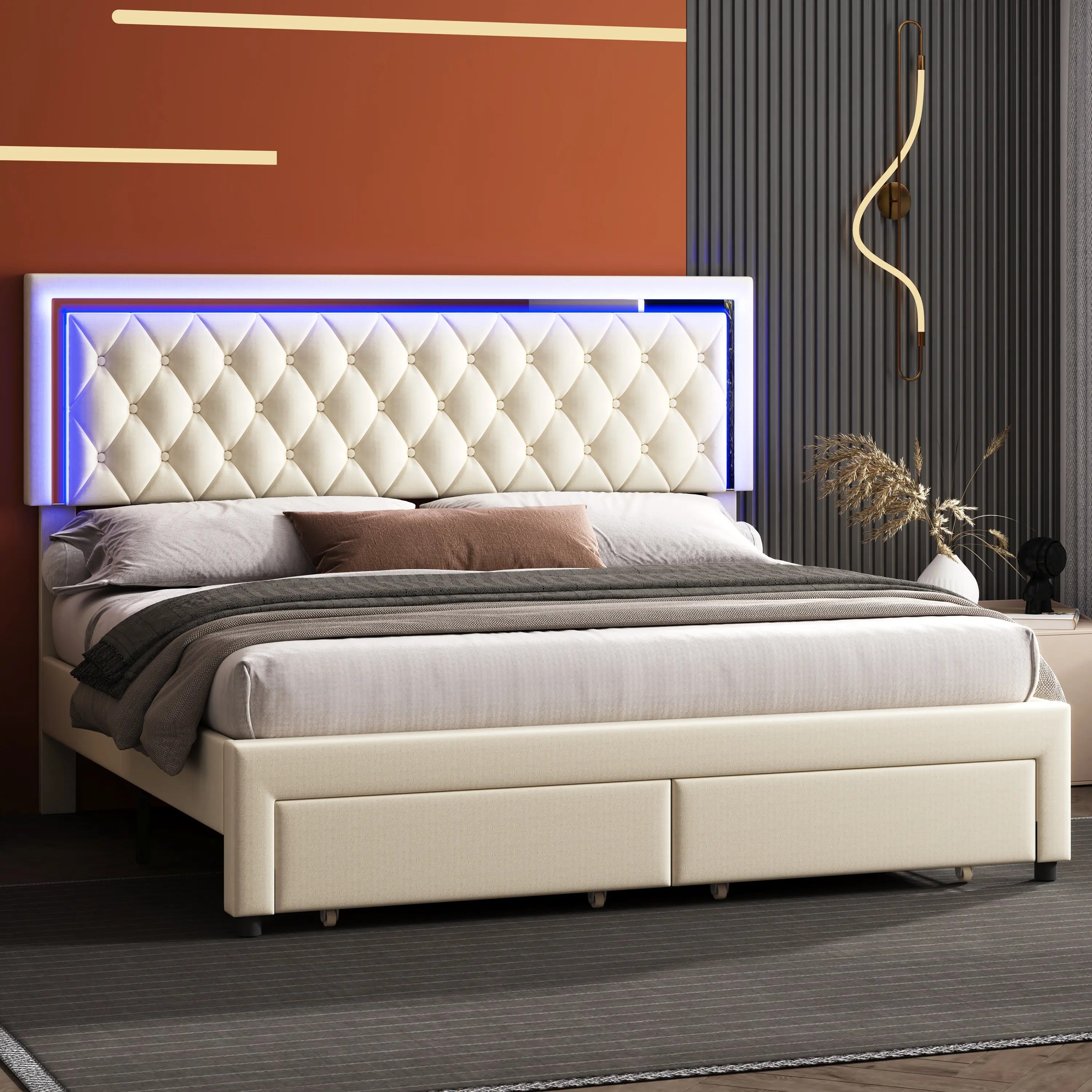 AMERLIFE Modern Bed Frame with Two Storage Drawers and Smart LED Lights, Velvet Upholstered Platform Bed Adjustable Headboard, Acrylic Mirror Decoration/Full/Queen/King Size/Best Gift Ideas/Christmas Gifts