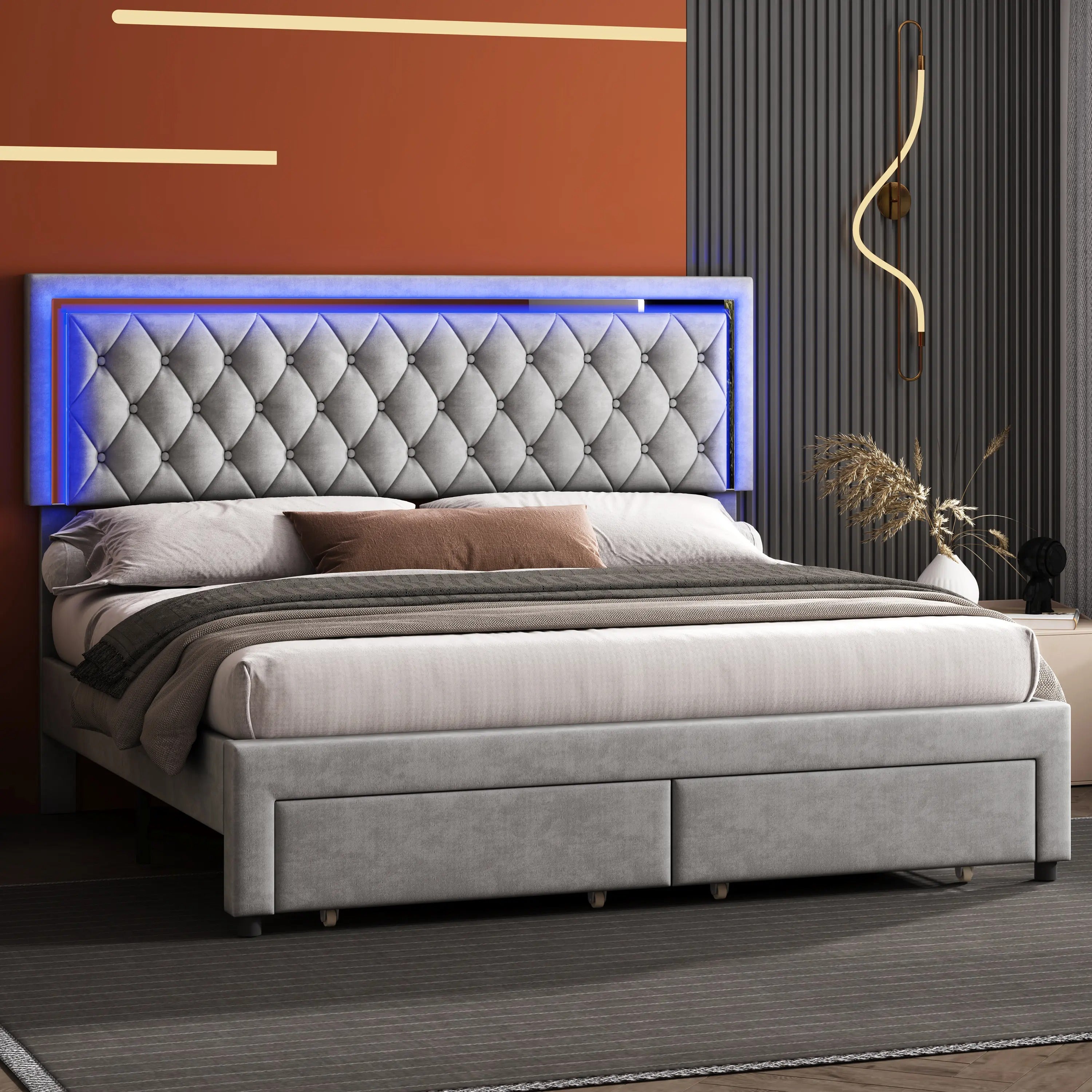 AMERLIFE Modern Bed Frame with Two Storage Drawers and Smart LED Lights, Velvet Upholstered Platform Bed Adjustable Headboard, Acrylic Mirror Decoration/Full/Queen/King Size/Best Gift Ideas/Christmas Gifts