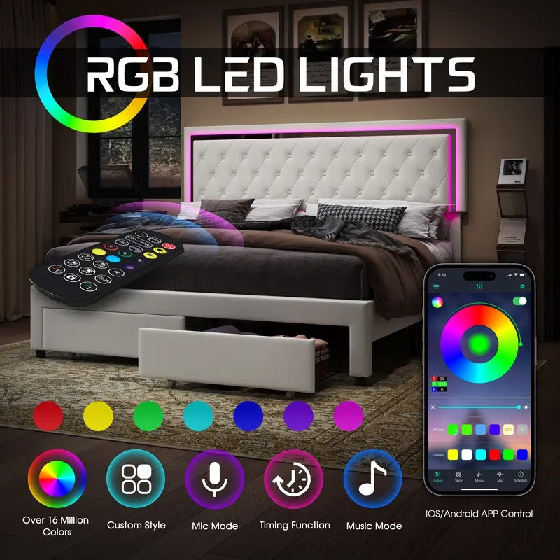 AMERLIFE Modern Bed Frame with Two Storage Drawers and Smart LED Lights, Velvet Upholstered Platform Bed Adjustable Headboard, Acrylic Mirror Decoration/Full/Queen/King Size/Best Gift Ideas/Christmas Gifts