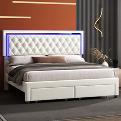AMERLIFE Modern Bed Frame with Two Storage Drawers and Smart LED Lights, Velvet Upholstered Platform Bed Adjustable Headboard, Acrylic Mirror Decoration/Full/Queen/King Size/Best Gift Ideas/Christmas Gifts