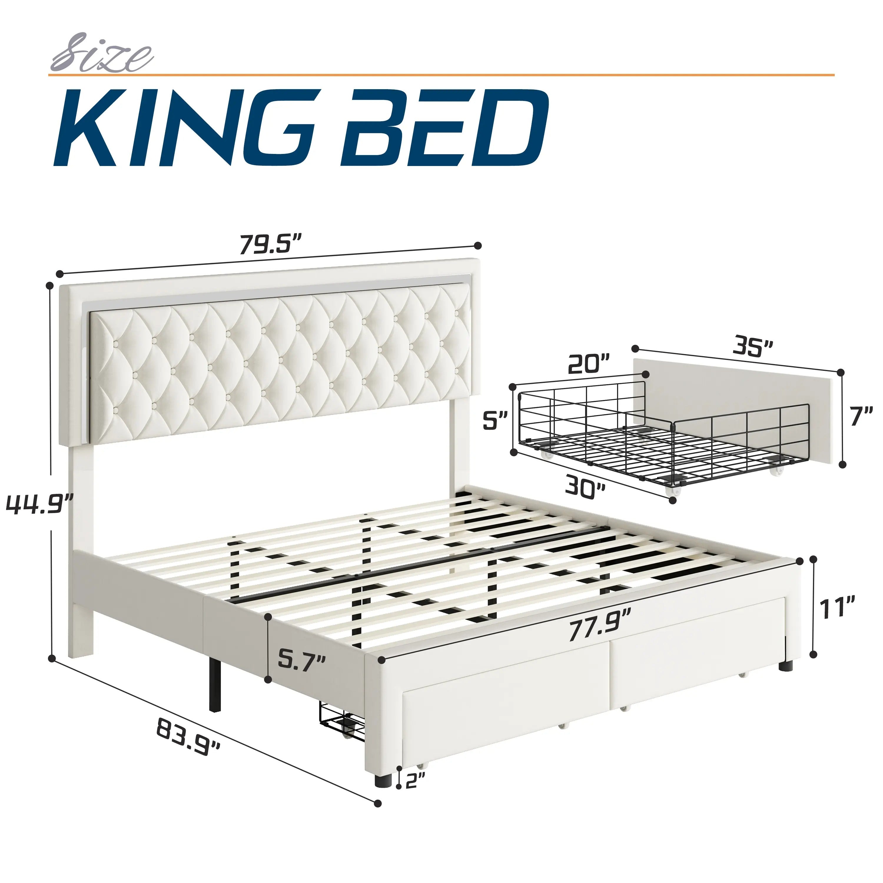 AMERLIFE Modern Bed Frame with Two Storage Drawers and Smart LED Lights, Velvet Upholstered Platform Bed Adjustable Headboard, Acrylic Mirror Decoration/Full/Queen/King Size/Best Gift Ideas/Christmas Gifts