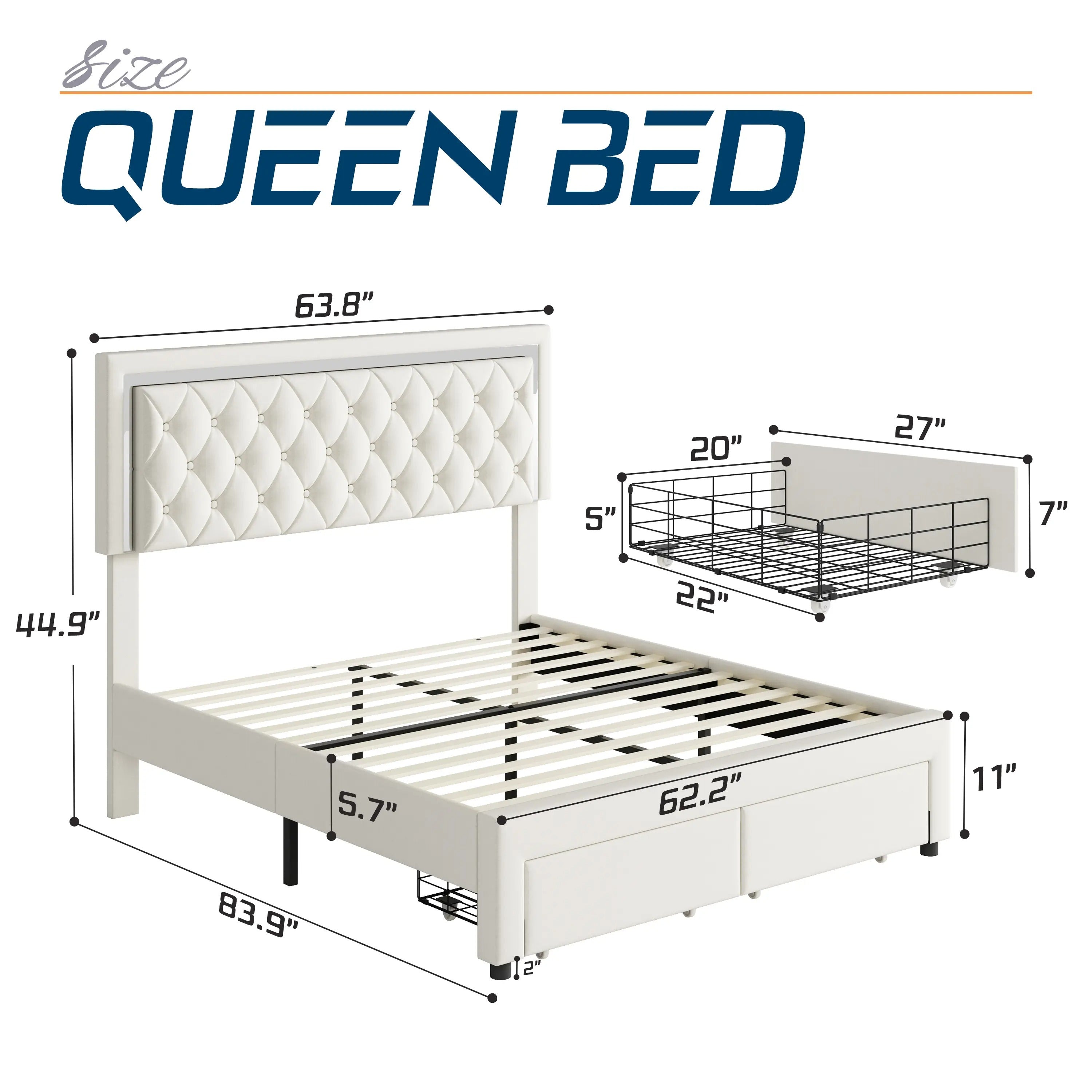 AMERLIFE Modern Bed Frame with Two Storage Drawers and Smart LED Lights, Velvet Upholstered Platform Bed Adjustable Headboard, Acrylic Mirror Decoration/Full/Queen/King Size/Best Gift Ideas/Christmas Gifts