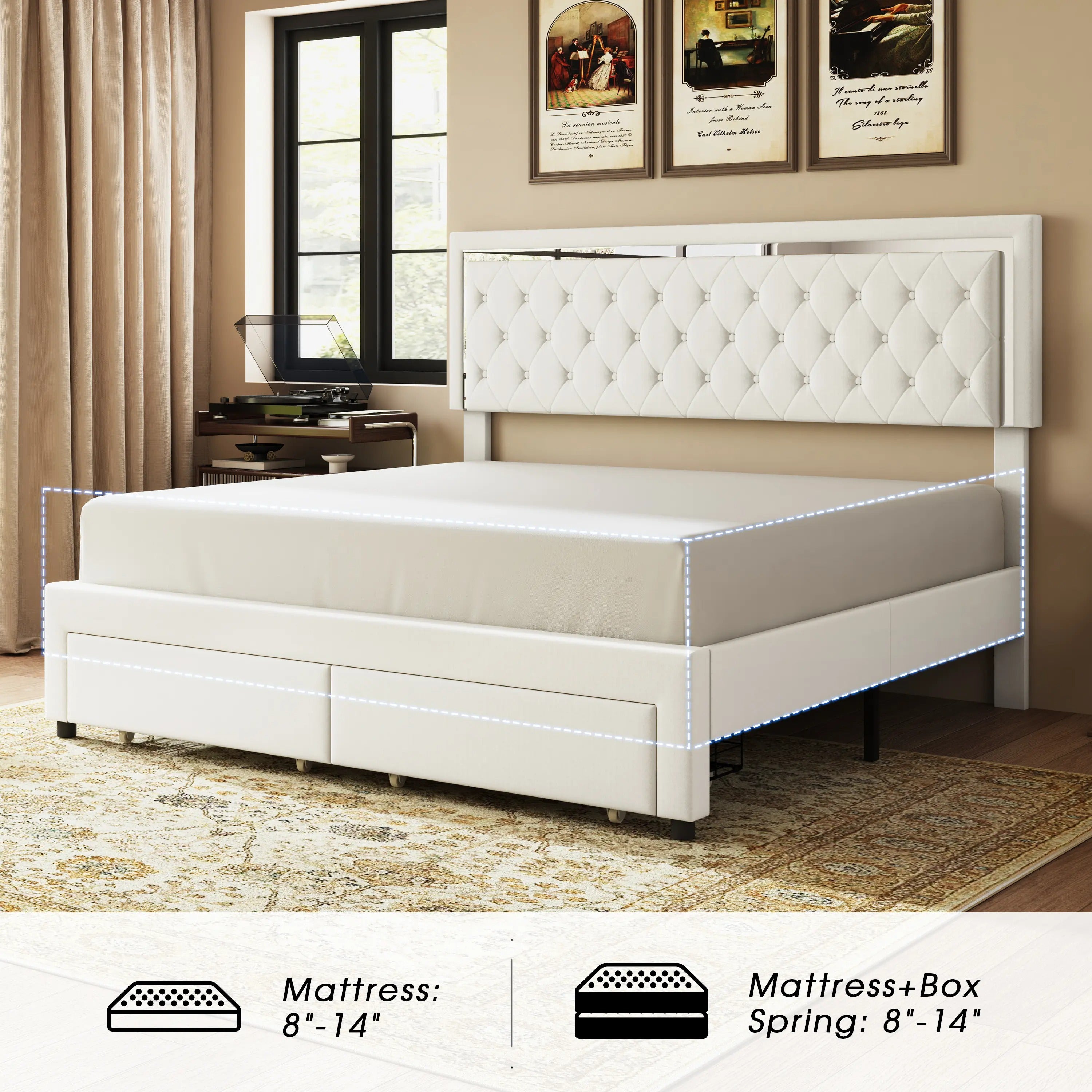 AMERLIFE Modern Bed Frame with Two Storage Drawers and Smart LED Lights, Velvet Upholstered Platform Bed Adjustable Headboard, Acrylic Mirror Decoration/Full/Queen/King Size/Best Gift Ideas/Christmas Gifts