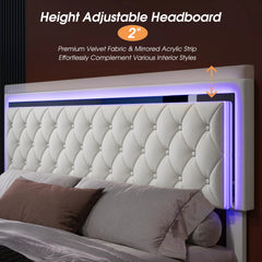 AMERLIFE Modern Bed Frame with Two Storage Drawers and Smart LED Lights, Velvet Upholstered Platform Bed Adjustable Headboard, Acrylic Mirror Decoration/Full/Queen/King Size/Best Gift Ideas/Christmas Gifts