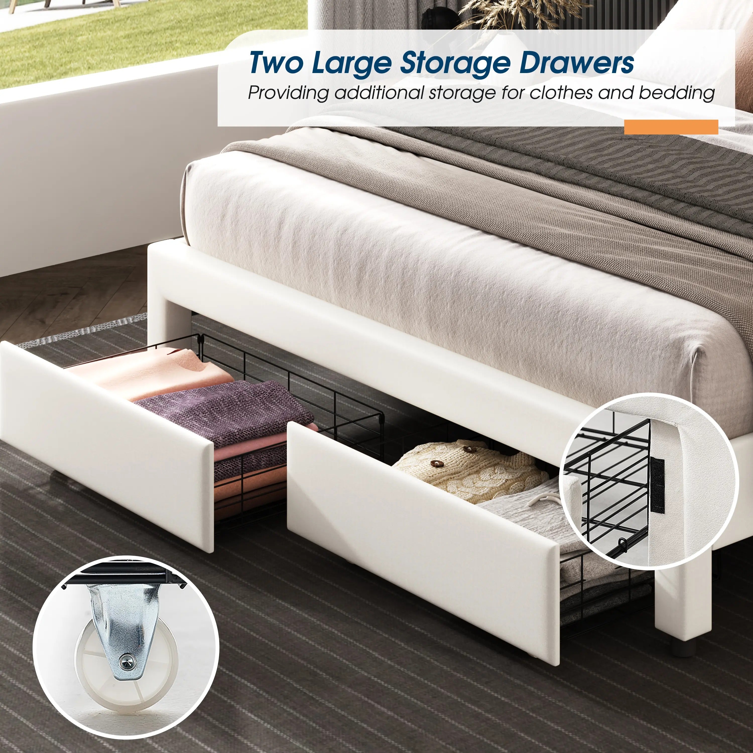 AMERLIFE Modern Bed Frame with Two Storage Drawers and Smart LED Lights, Velvet Upholstered Platform Bed Adjustable Headboard, Acrylic Mirror Decoration/Full/Queen/King Size/Best Gift Ideas/Christmas Gifts