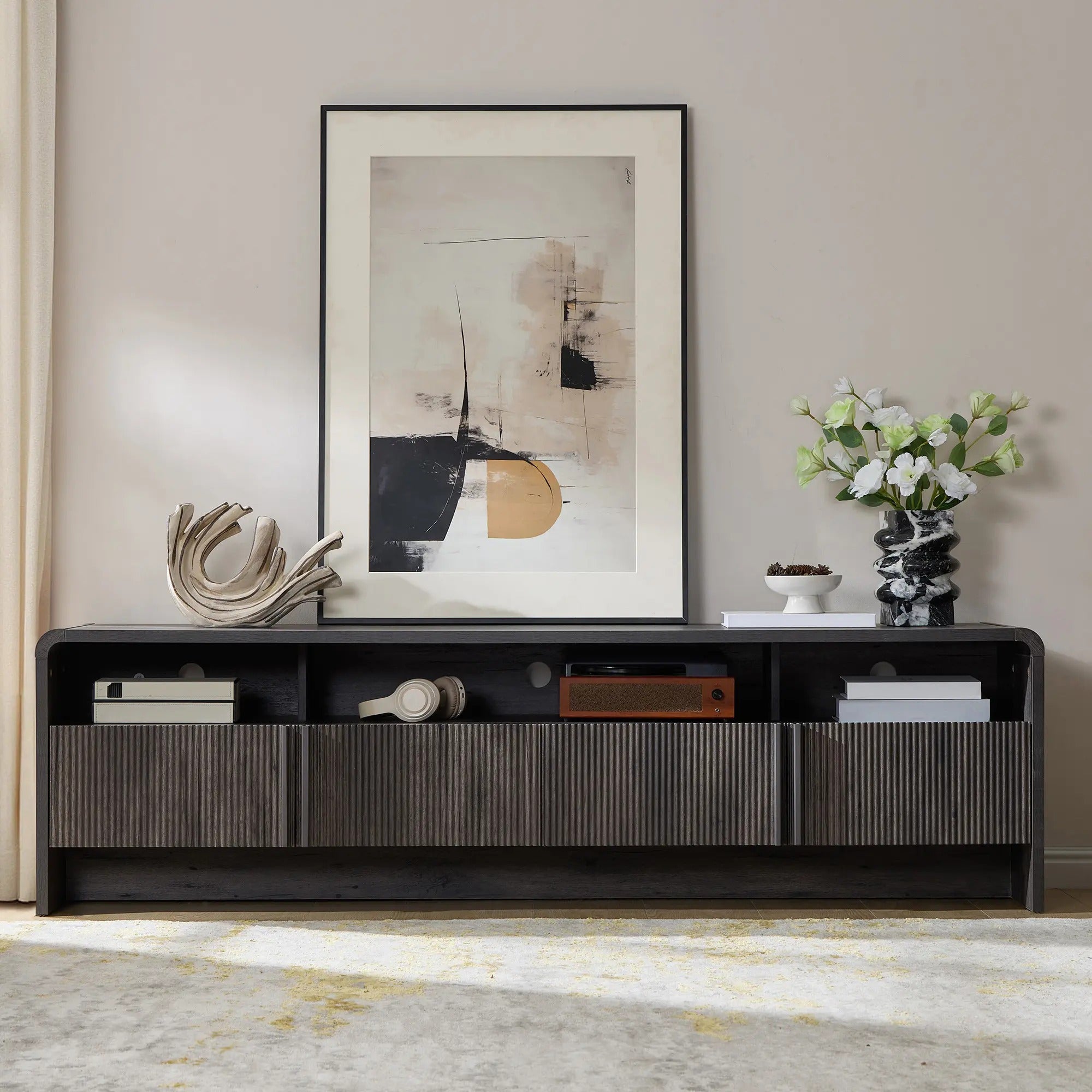 AMERLIFE 70" Modern TV Stand for TVs Up to 80", Wood TV Console with Curved Profile Design & 2 Storage Cabinets, Media Console Entertainment Center for Living Room, Bedroom/Best Gift Ideas/Christmas Gifts