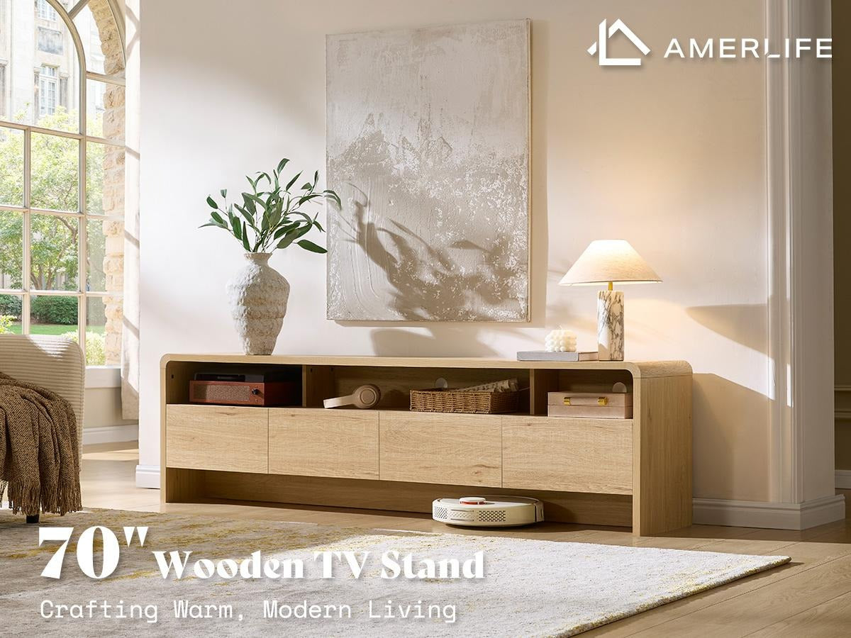 AMERLIFE 70" Modern TV Stand for TVs Up to 80", Wood TV Console with Curved Profile Design & 2 Storage Cabinets, Media Console Entertainment Center for Living Room, Bedroom/Best Gift Ideas/Christmas Gifts