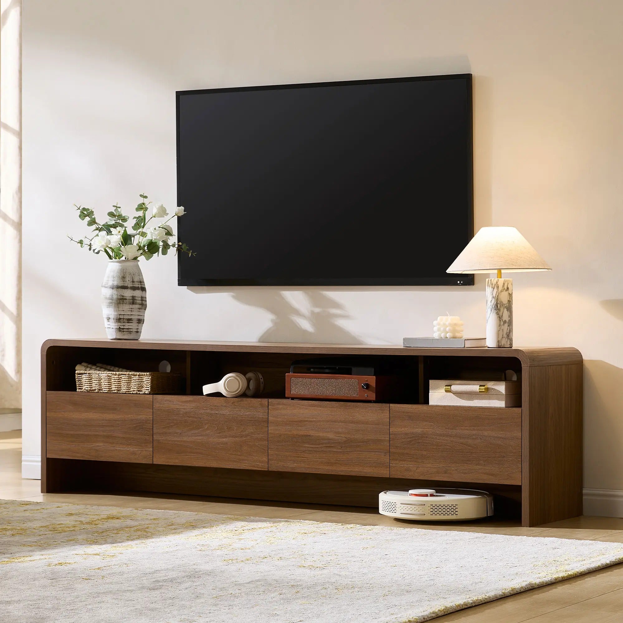 AMERLIFE 70" Modern TV Stand for TVs Up to 80", Wood TV Console with Curved Profile Design & 2 Storage Cabinets, Media Console Entertainment Center for Living Room, Bedroom/Best Gift Ideas/Christmas Gifts