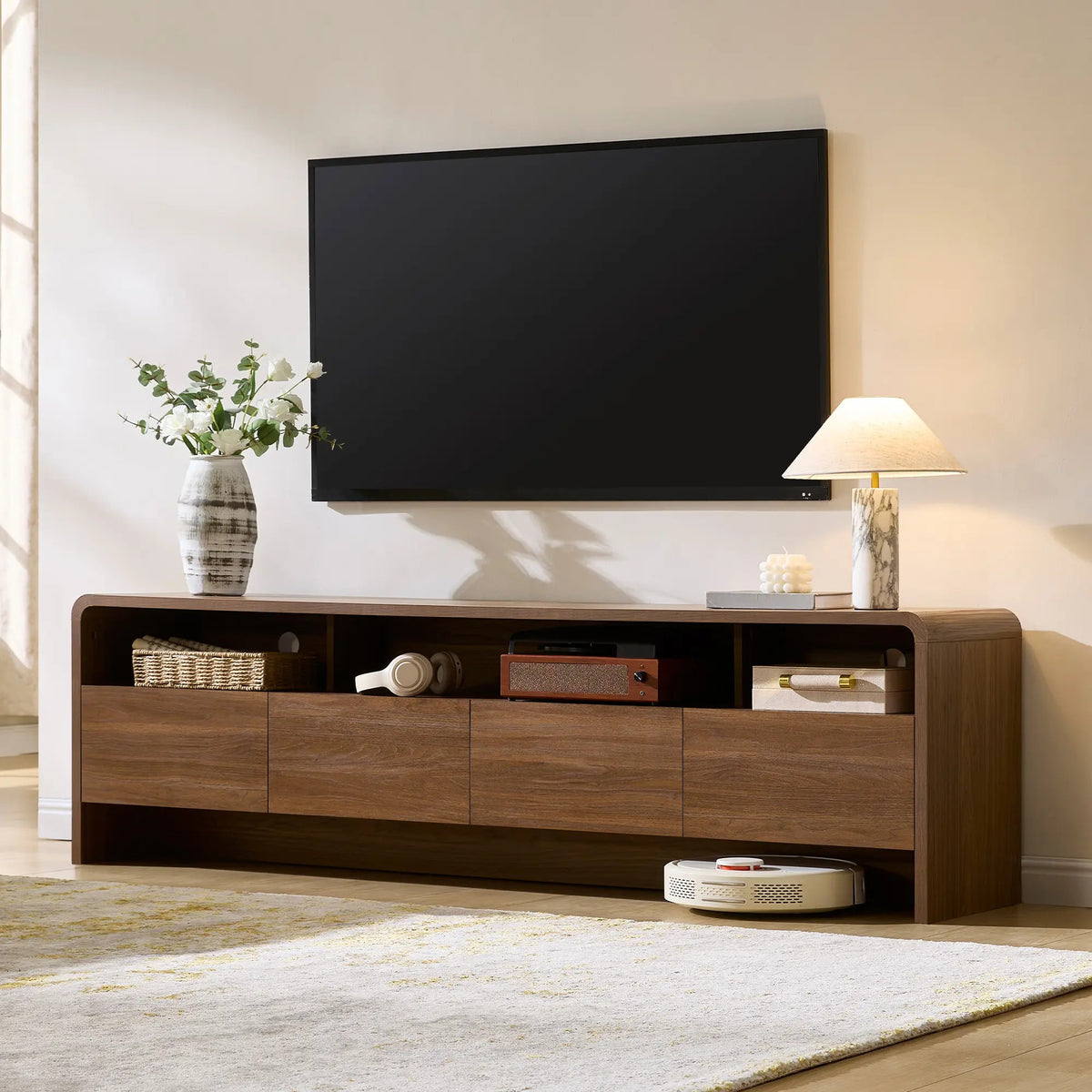 AMERLIFE 70" Modern TV Stand for TVs Up to 80", Wood TV Console with Curved Profile Design & 2 Storage Cabinets, Media Console Entertainment Center for Living Room, Bedroom/Best Gift Ideas/Christmas Gifts