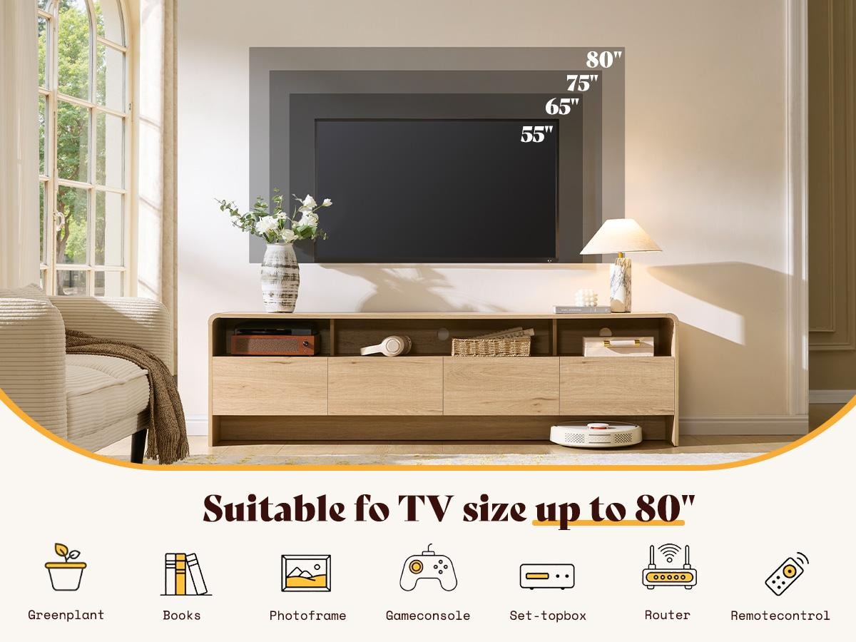 AMERLIFE 70" Modern TV Stand for TVs Up to 80", Wood TV Console with Curved Profile Design & 2 Storage Cabinets, Media Console Entertainment Center for Living Room, Bedroom/Best Gift Ideas/Christmas Gifts