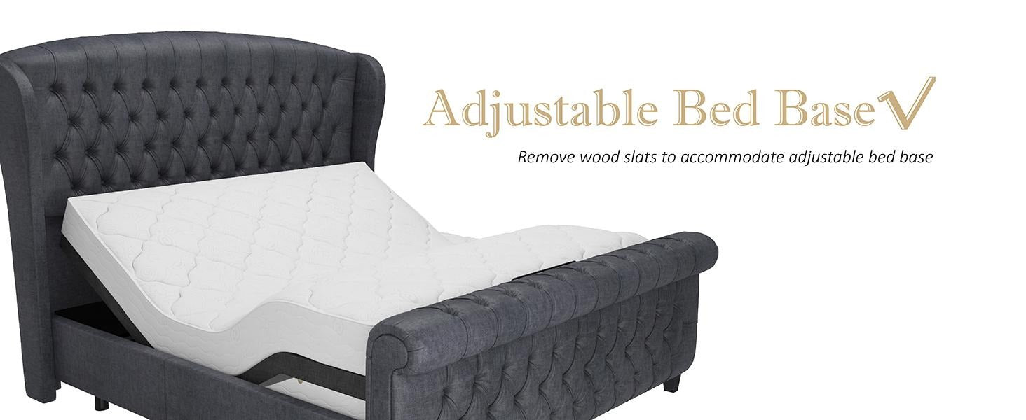 AMERLIFE Platform Bed Frame,Velvet Upholstered Sleigh Bed with Scroll Wingback Headboard&Footboard/No Box Spring Required/Christmas Gift/Best Gift Ideas