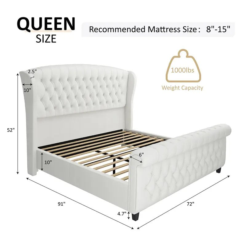 AMERLIFE Platform Bed Frame,Velvet Upholstered Sleigh Bed with Scroll Wingback Headboard&Footboard/No Box Spring Required/Christmas Gift/Best Gift Ideas