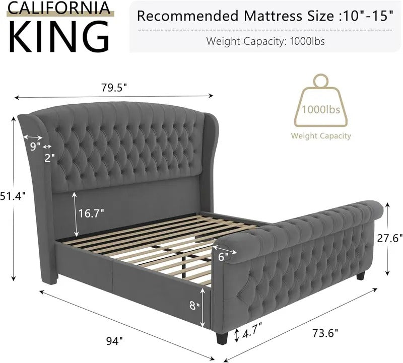AMERLIFE Platform Bed Frame,Velvet Upholstered Sleigh Bed with Scroll Wingback Headboard&Footboard/No Box Spring Required/Christmas Gift/Best Gift Ideas