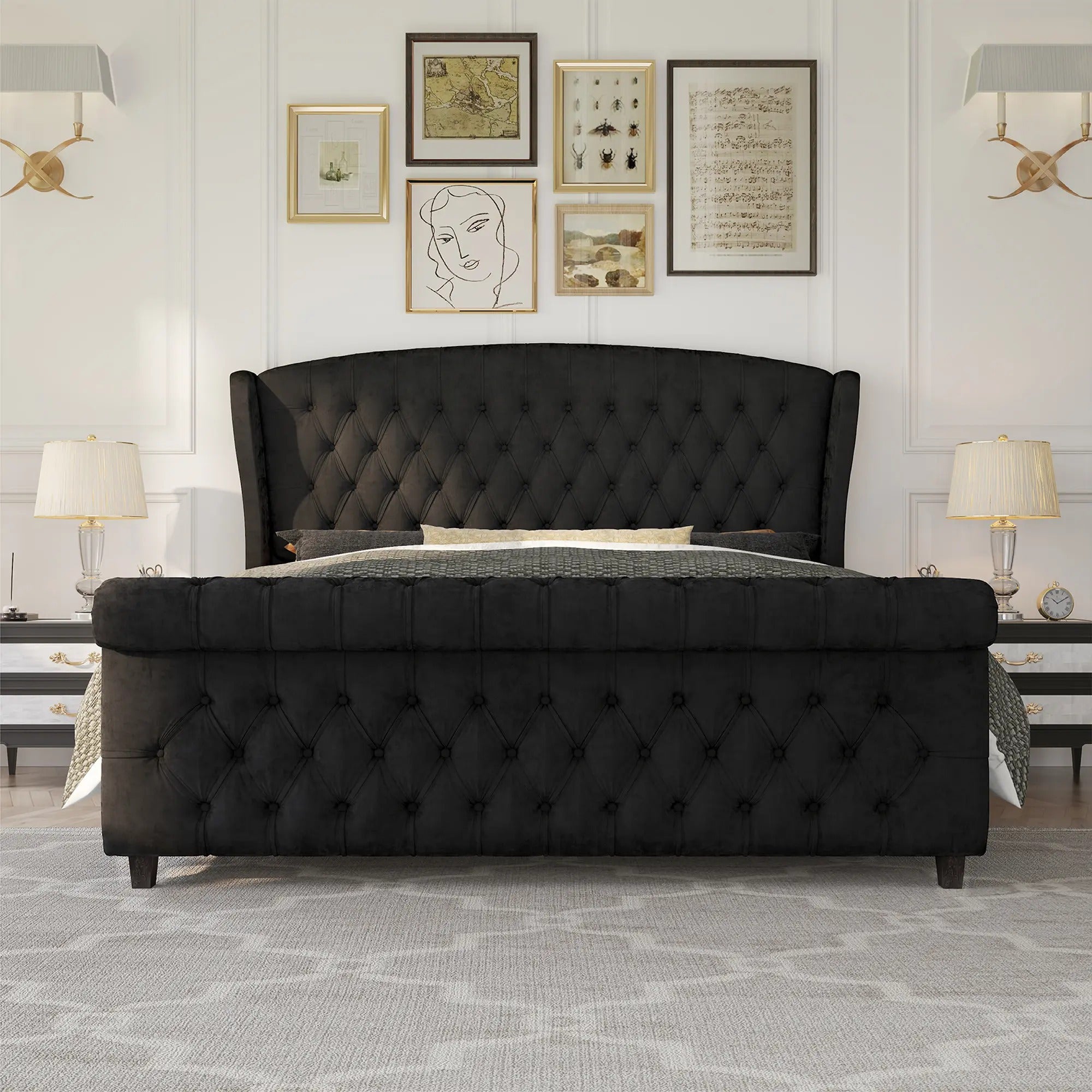 AMERLIFE Platform Bed Frame,Velvet Upholstered Sleigh Bed with Scroll Wingback Headboard&Footboard/No Box Spring Required/Christmas Gift/Best Gift Ideas