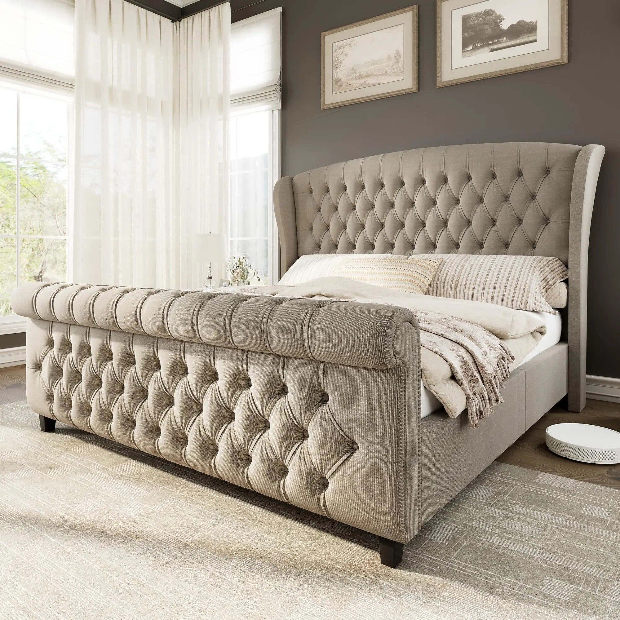 AMERLIFE Platform Bed Frame,Velvet Upholstered Sleigh Bed with Scroll Wingback Headboard&Footboard/No Box Spring Required/Christmas Gift/Best Gift Ideas