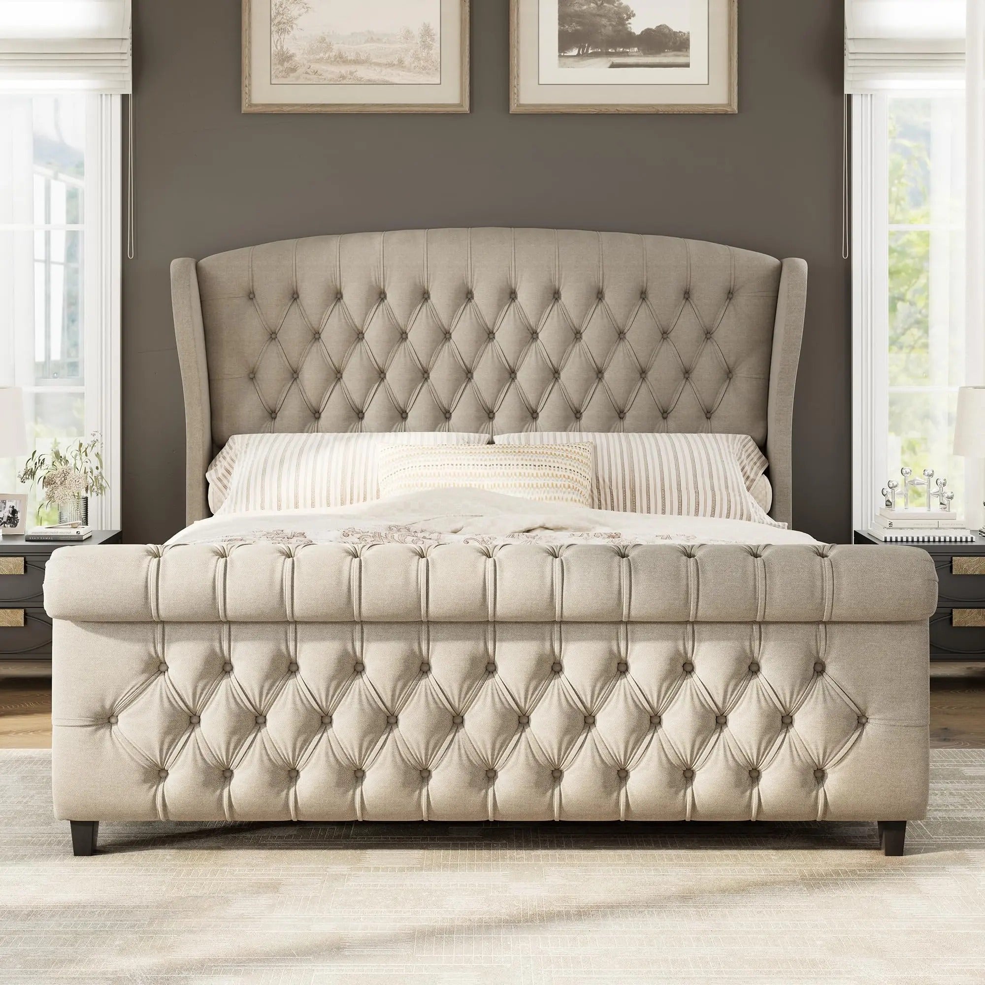 AMERLIFE Platform Bed Frame,Velvet Upholstered Sleigh Bed with Scroll Wingback Headboard&Footboard/No Box Spring Required/Christmas Gift/Best Gift Ideas