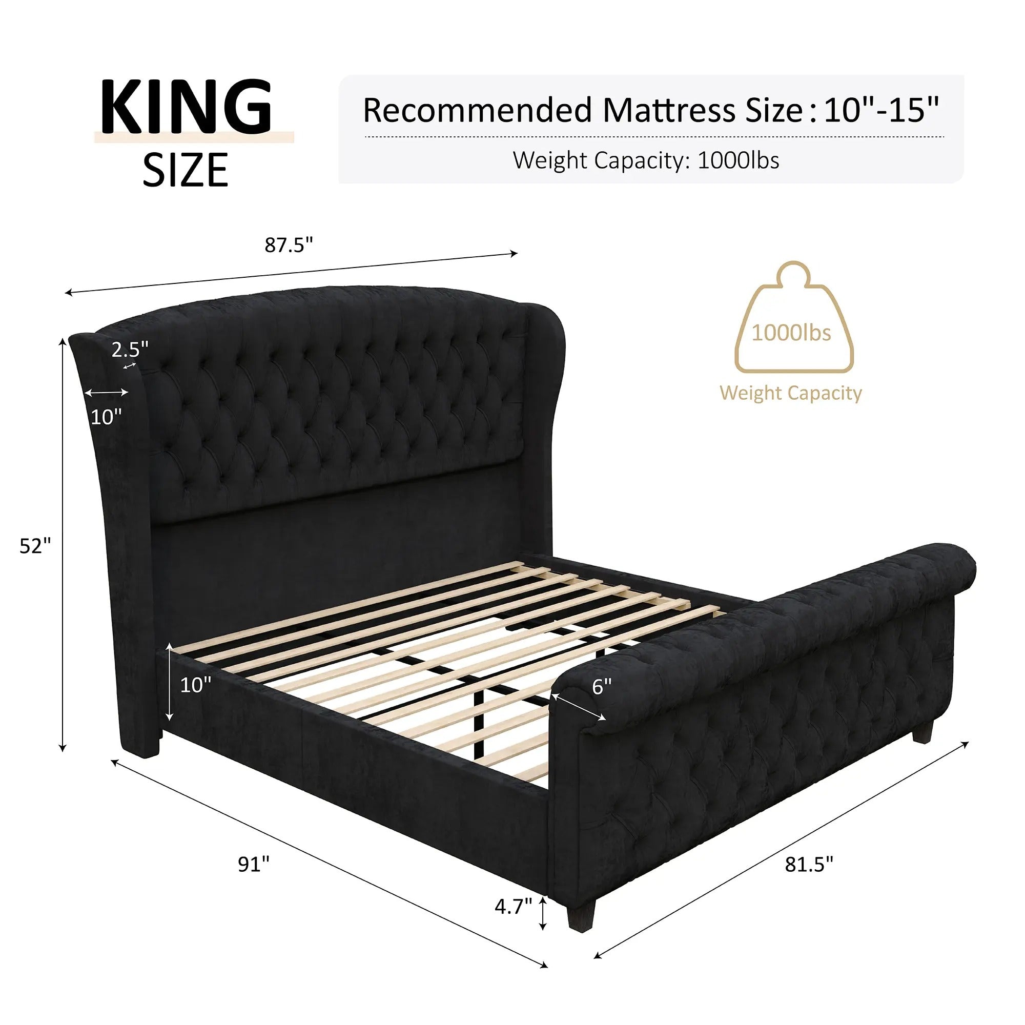 AMERLIFE Platform Bed Frame,Velvet Upholstered Sleigh Bed with Scroll Wingback Headboard&Footboard/No Box Spring Required/Christmas Gift/Best Gift Ideas