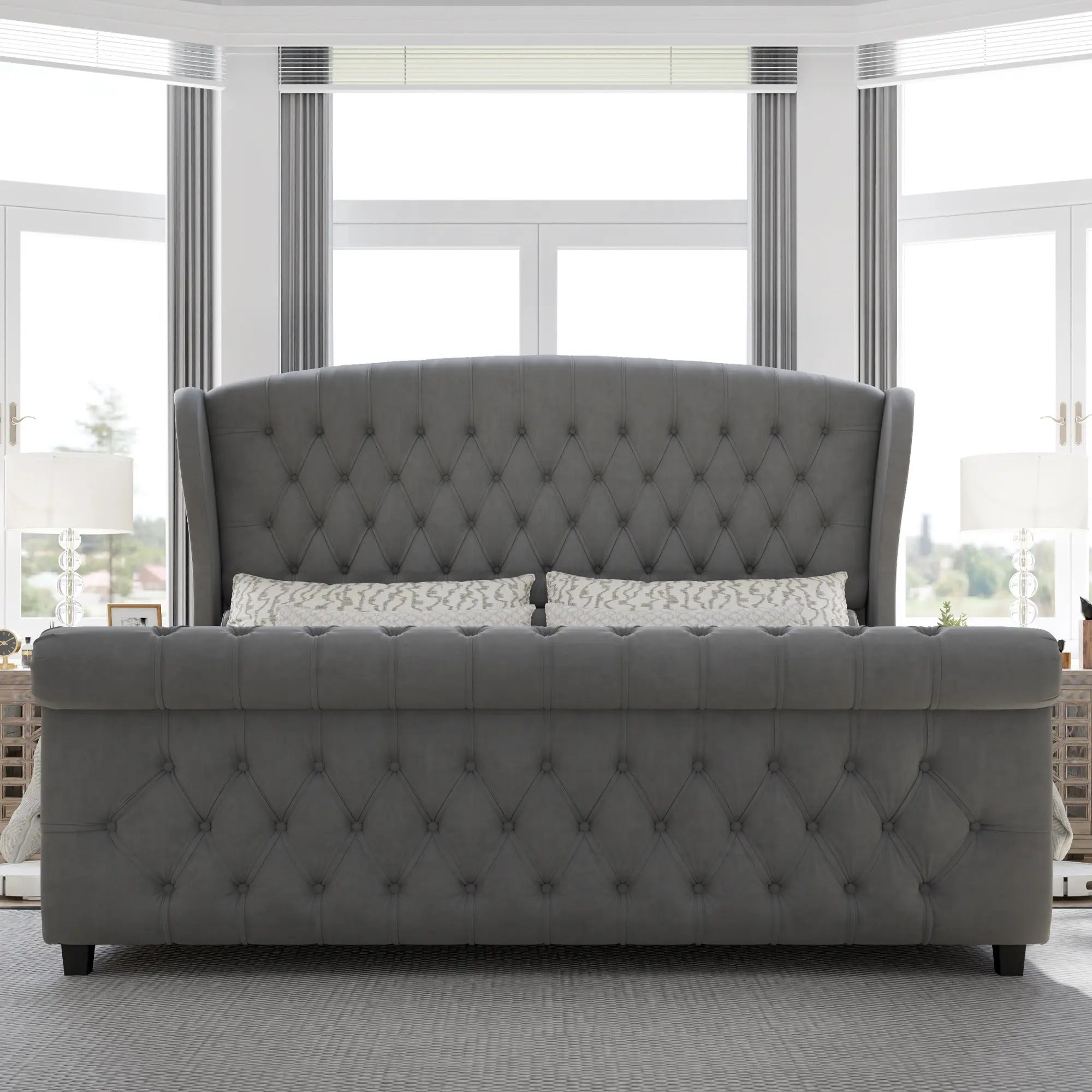 AMERLIFE Platform Bed Frame,Velvet Upholstered Sleigh Bed with Scroll Wingback Headboard&Footboard/No Box Spring Required/Christmas Gift/Best Gift Ideas