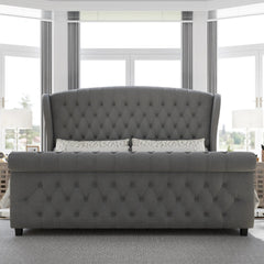 AMERLIFE Platform Bed Frame,Velvet Upholstered Sleigh Bed with Scroll Wingback Headboard&Footboard/No Box Spring Required/Christmas Gift/Best Gift Ideas
