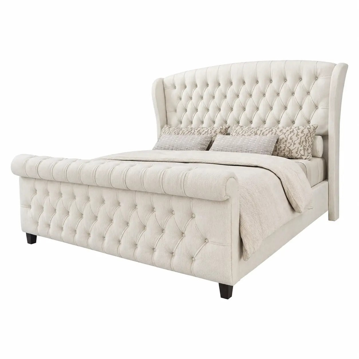 AMERLIFE Platform Bed Frame,Velvet Upholstered Sleigh Bed with Scroll Wingback Headboard&Footboard/No Box Spring Required/Christmas Gift/Best Gift Ideas