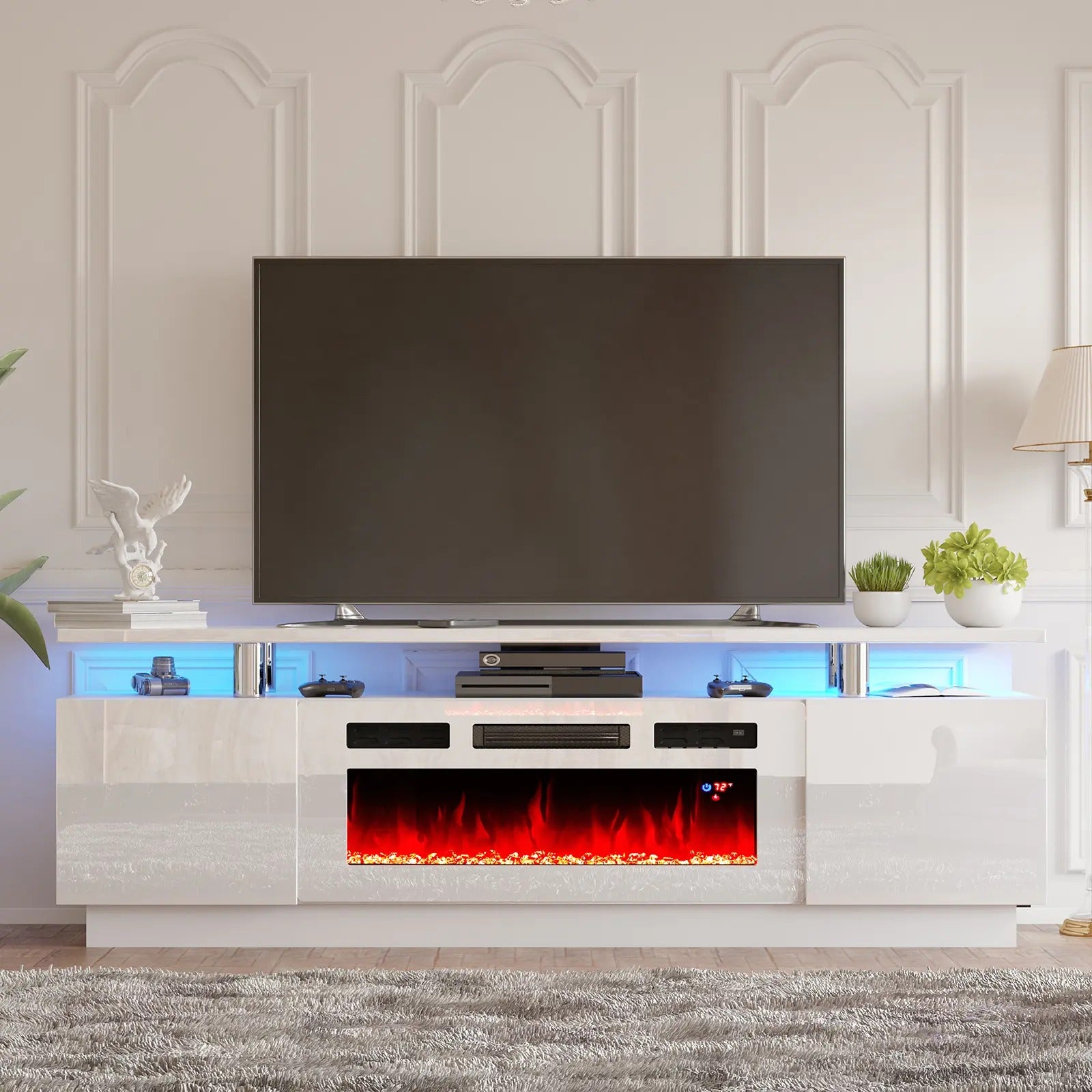 AMERLIFE Fireplace TV Stand for Living Room, Modern High Gloss Entertainment Center with LED Lights, 2 Tier Storage Cabinet/Remote Control/Colorful Flame/Energy Efficient/Best Gift Ideas/Christmas Gifts