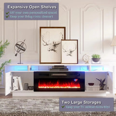 AMERLIFE Fireplace TV Stand for Living Room, Modern High Gloss Entertainment Center with LED Lights, 2 Tier Storage Cabinet/Remote Control/Colorful Flame/Energy Efficient/Best Gift Ideas/Christmas Gifts