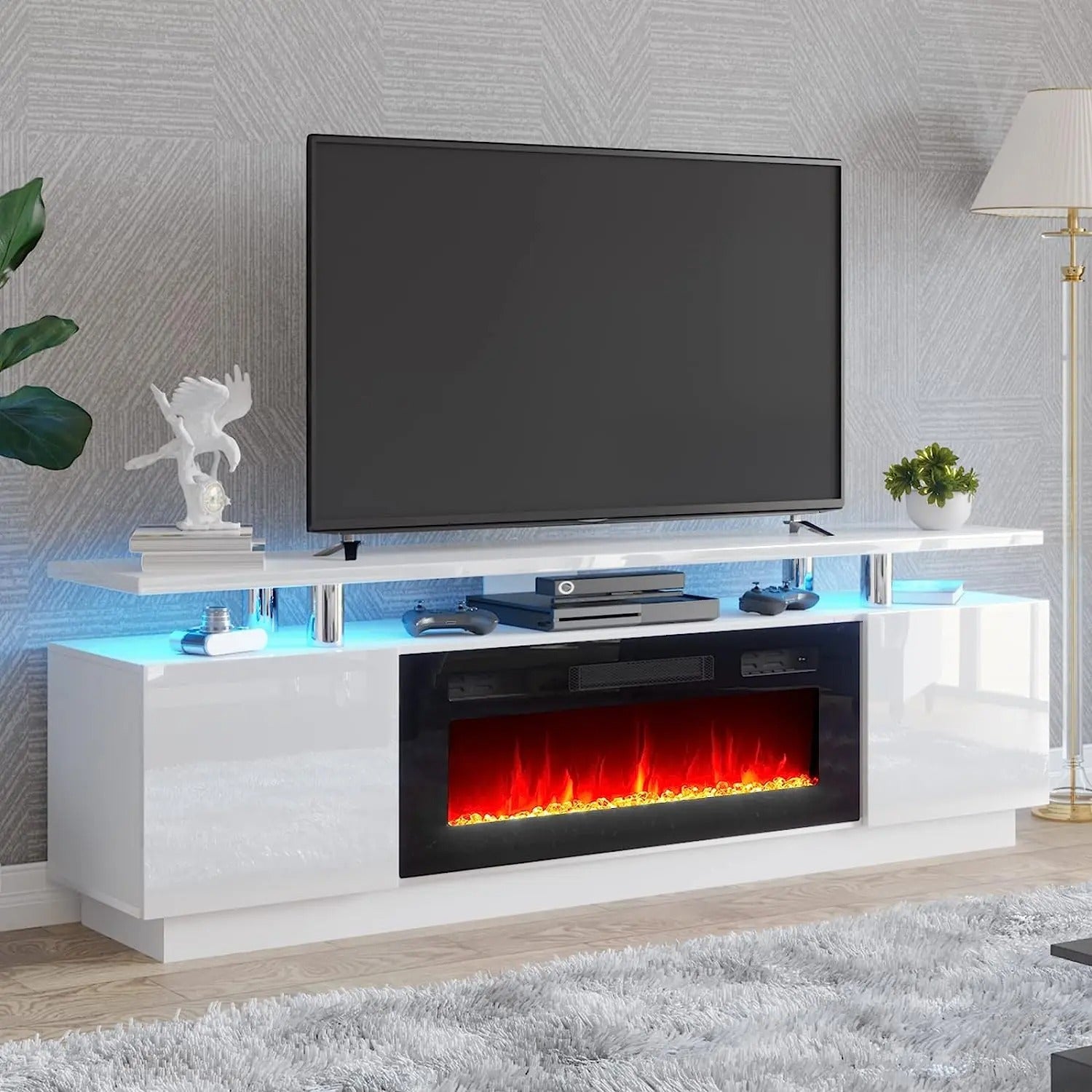 AMERLIFE Fireplace TV Stand for Living Room, Modern High Gloss Entertainment Center with LED Lights, 2 Tier Storage Cabinet/Remote Control/Colorful Flame/Energy Efficient/Best Gift Ideas/Christmas Gifts