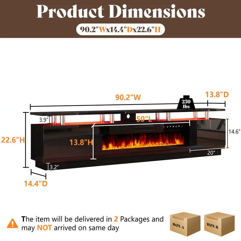 AMERLIFE Fireplace TV Stand for Living Room, Modern High Gloss Entertainment Center with LED Lights, 2 Tier Storage Cabinet/Remote Control/Colorful Flame/Energy Efficient/Best Gift Ideas/Christmas Gifts
