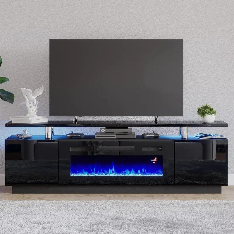 AMERLIFE Fireplace TV Stand for Living Room, Modern High Gloss Entertainment Center with LED Lights, 2 Tier Storage Cabinet/Remote Control/Colorful Flame/Energy Efficient/Best Gift Ideas/Christmas Gifts