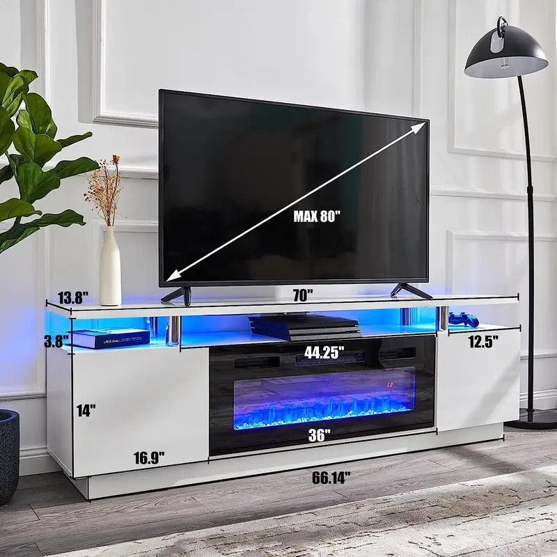 AMERLIFE Fireplace TV Stand for Living Room, Modern High Gloss Entertainment Center with LED Lights, 2 Tier Storage Cabinet/Remote Control/Colorful Flame/Energy Efficient/Best Gift Ideas/Christmas Gifts