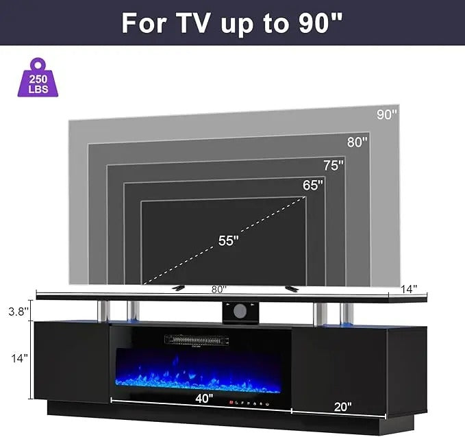 AMERLIFE Fireplace TV Stand for Living Room, Modern High Gloss Entertainment Center with LED Lights, 2 Tier Storage Cabinet/Remote Control/Colorful Flame/Energy Efficient/Best Gift Ideas/Christmas Gifts