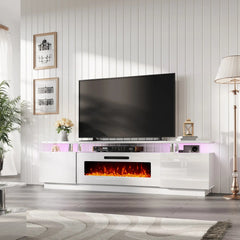 AMERLIFE Fireplace TV Stand for Living Room, Modern High Gloss Entertainment Center with LED Lights, 2 Tier Storage Cabinet/Remote Control/Colorful Flame/Energy Efficient/Best Gift Ideas/Christmas Gifts