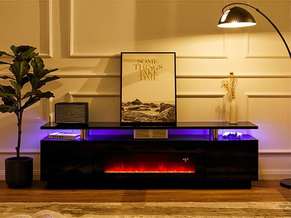 AMERLIFE Fireplace TV Stand for Living Room, Modern High Gloss Entertainment Center with LED Lights, 2 Tier Storage Cabinet/Remote Control/Colorful Flame/Energy Efficient/Best Gift Ideas/Christmas Gifts