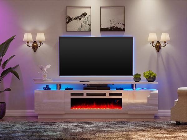 AMERLIFE Fireplace TV Stand for Living Room, Modern High Gloss Entertainment Center with LED Lights, 2 Tier Storage Cabinet/Remote Control/Colorful Flame/Energy Efficient/Best Gift Ideas/Christmas Gifts