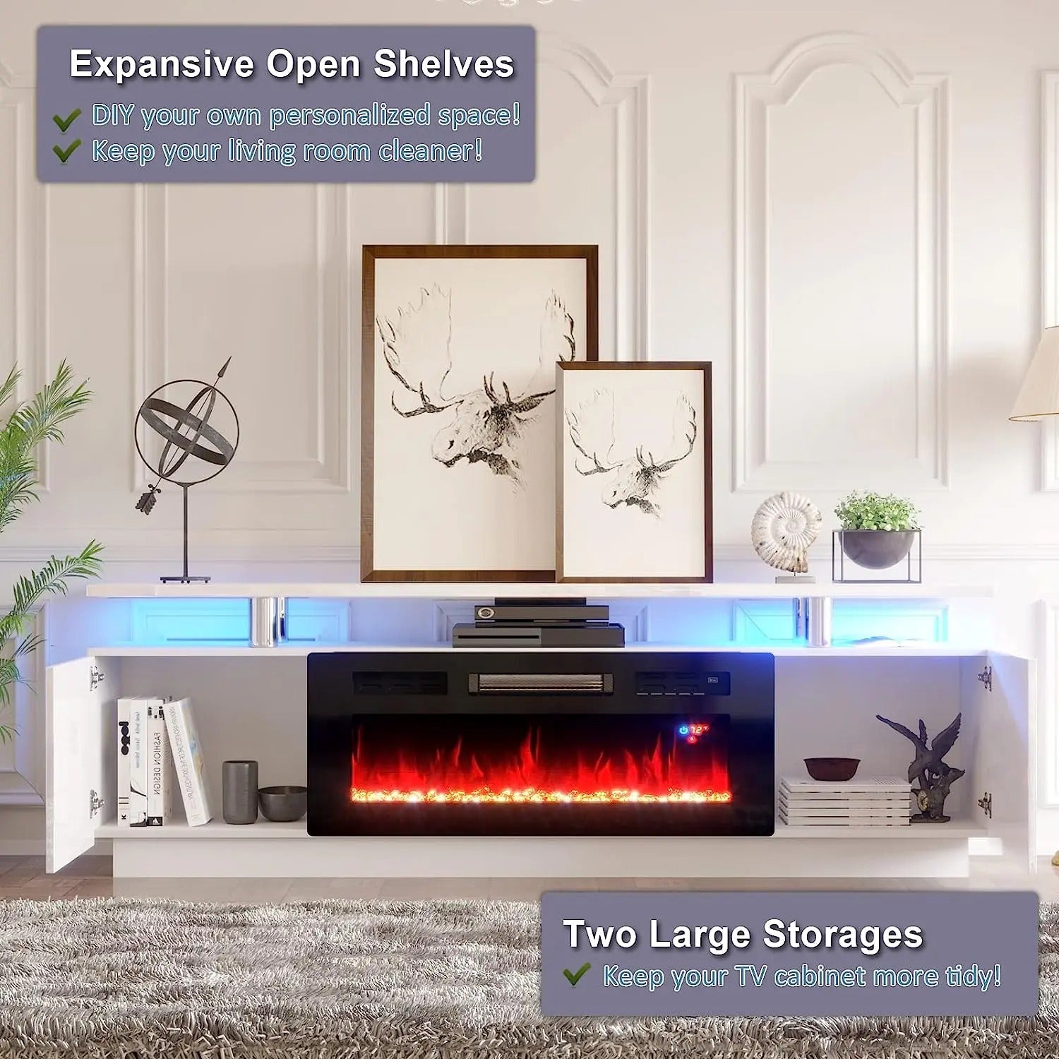 AMERLIFE Fireplace TV Stand for Living Room, Modern High Gloss Entertainment Center with LED Lights, 2 Tier Storage Cabinet/Remote Control/Colorful Flame/Energy Efficient/Best Gift Ideas/Christmas Gifts