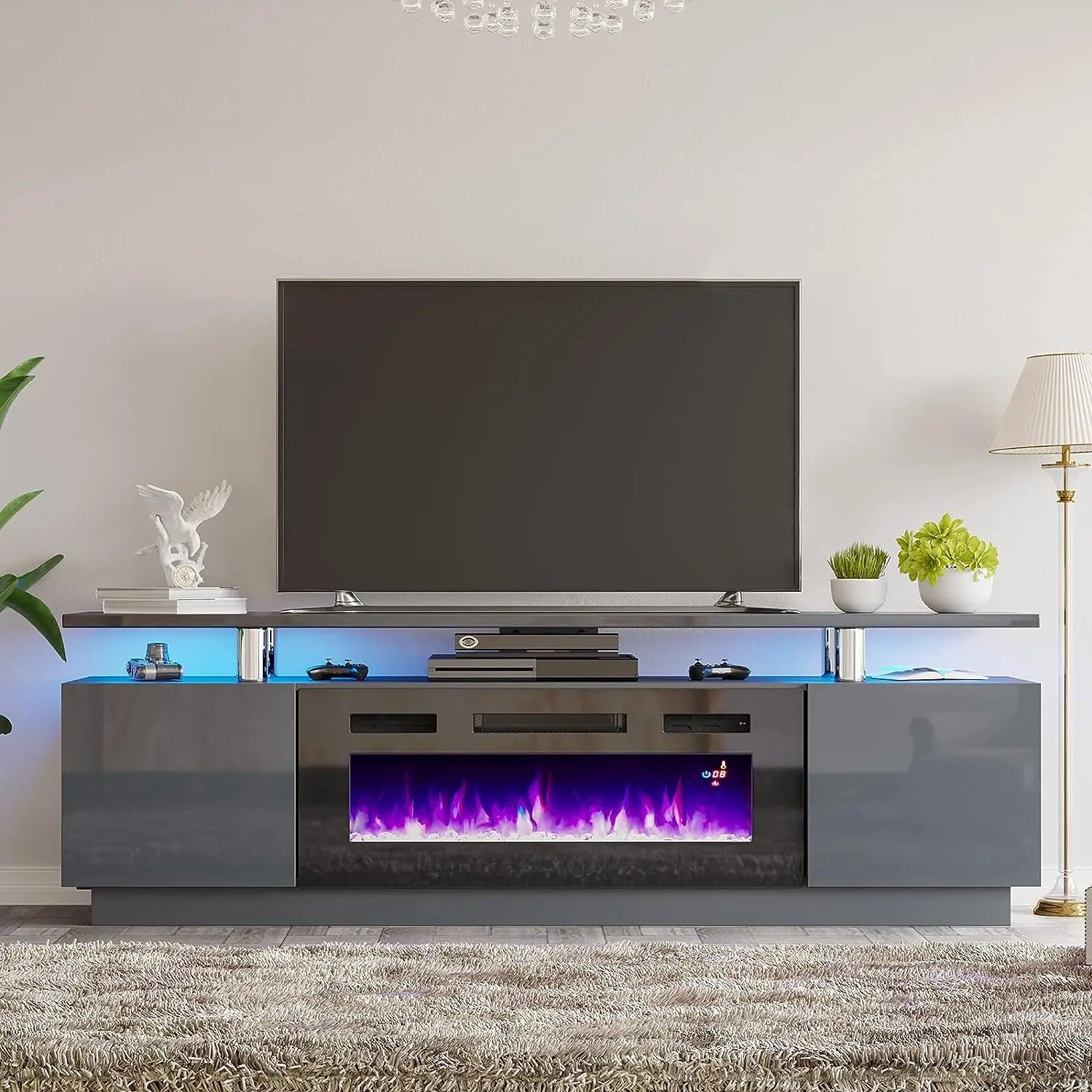 AMERLIFE Fireplace TV Stand for Living Room, Modern High Gloss Entertainment Center with LED Lights, 2 Tier Storage Cabinet/Remote Control/Colorful Flame/Energy Efficient/Best Gift Ideas/Christmas Gifts