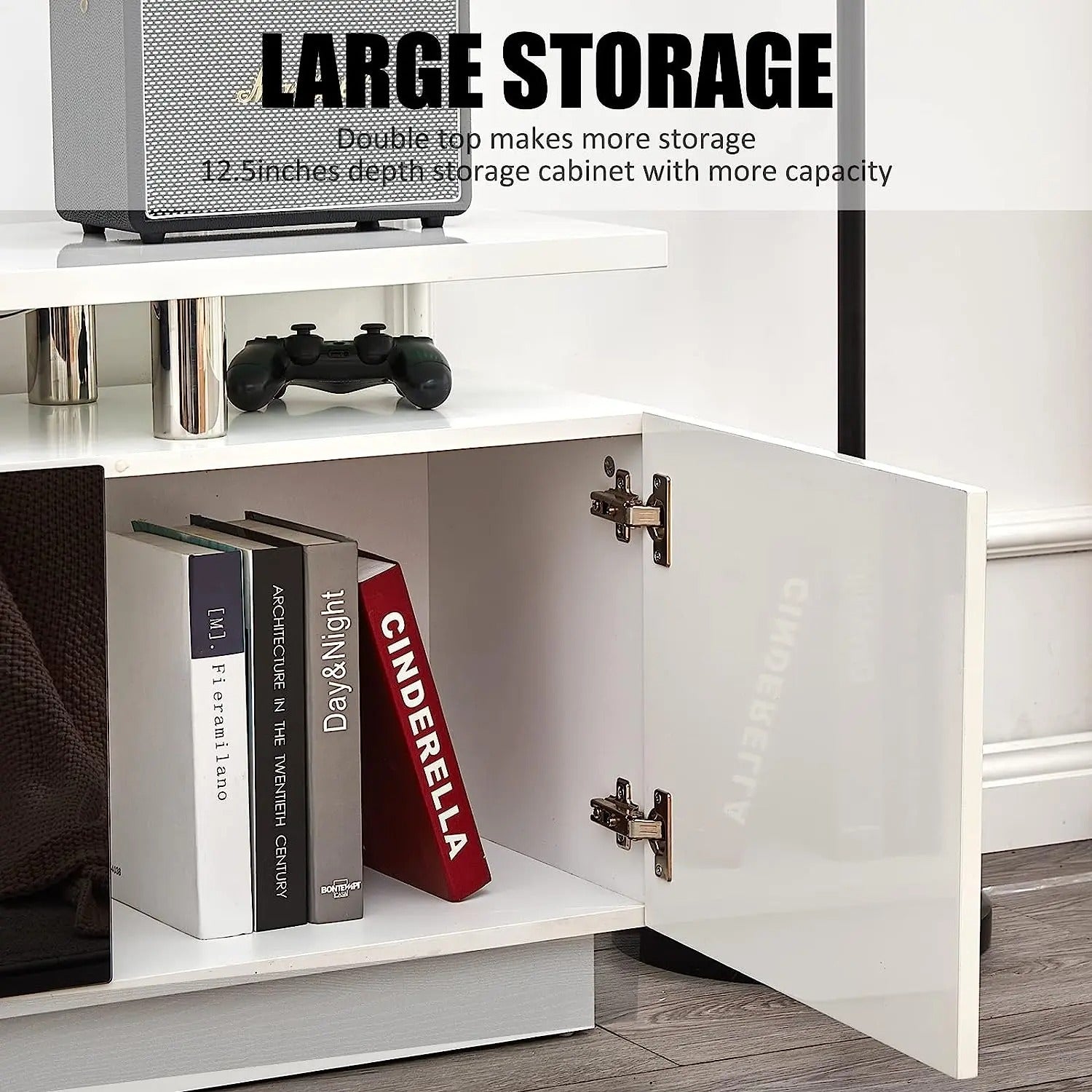 AMERLIFE Fireplace TV Stand for Living Room, Modern High Gloss Entertainment Center with LED Lights, 2 Tier Storage Cabinet/Remote Control/Colorful Flame/Energy Efficient/Best Gift Ideas/Christmas Gifts