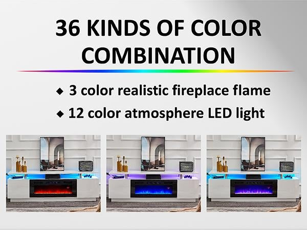 AMERLIFE Fireplace TV Stand for Living Room, Modern High Gloss Entertainment Center with LED Lights, 2 Tier Storage Cabinet/Remote Control/Colorful Flame/Energy Efficient/Best Gift Ideas/Christmas Gifts