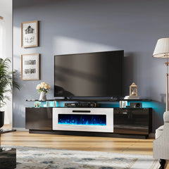 AMERLIFE Fireplace TV Stand for Living Room, Modern High Gloss Entertainment Center with LED Lights, 2 Tier Storage Cabinet/Remote Control/Colorful Flame/Energy Efficient/Best Gift Ideas/Christmas Gifts