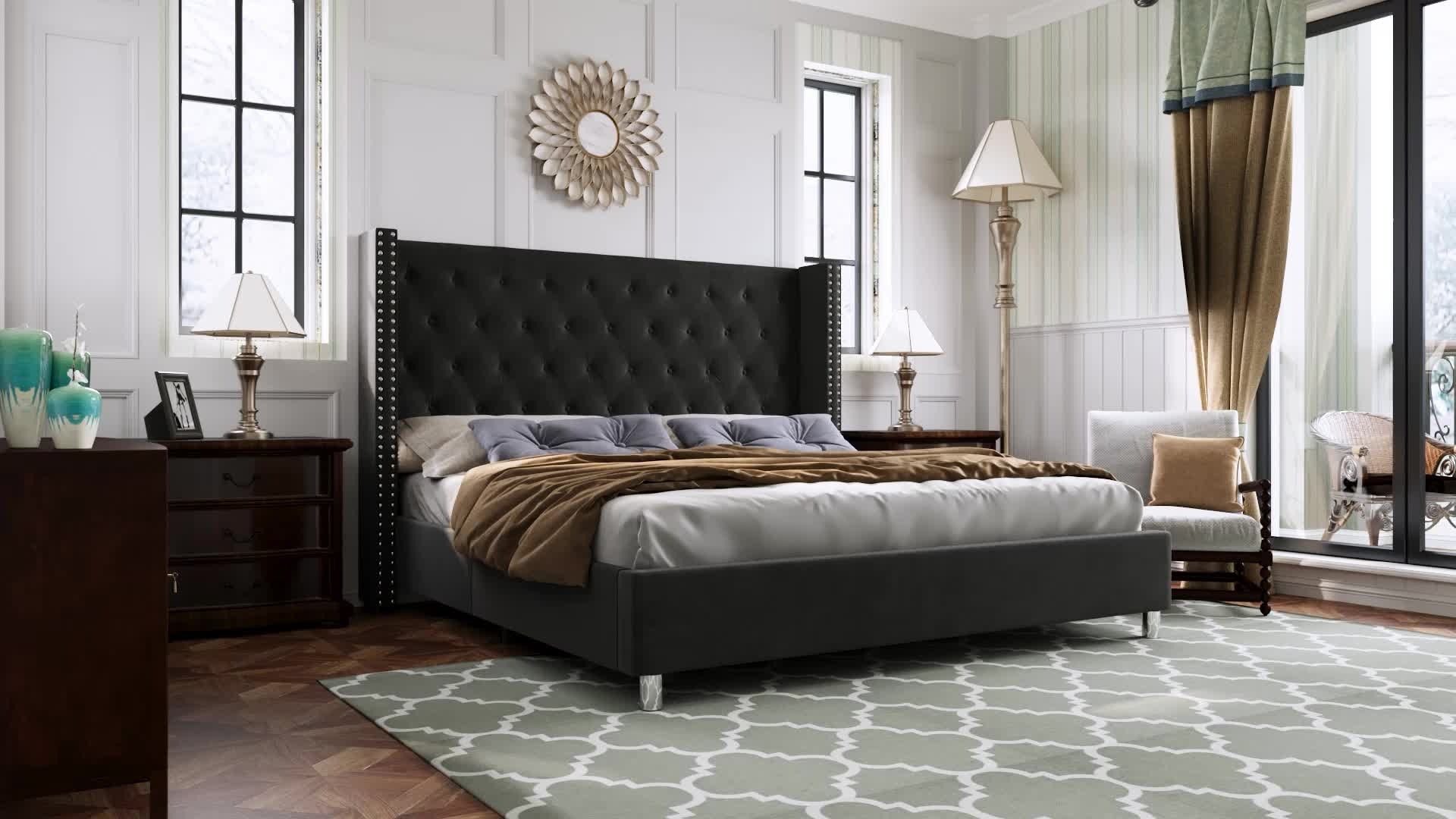 AMERLIFE Bed Frame with 49.2" Wingback Headboard, Upholstered Velvet Bed with Tufted Diamond Button/No Box Spring Needed/Easy Assembly/Christmas Gift