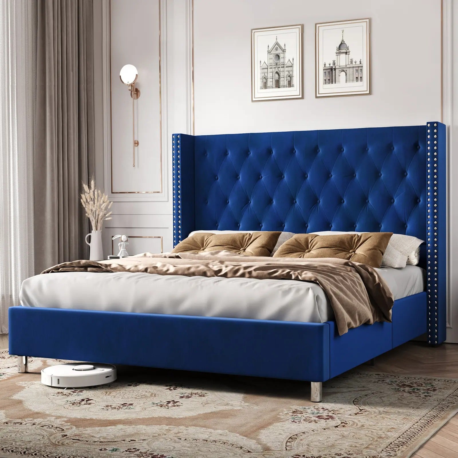 AMERLIFE Bed Frame with 49.2" Wingback Headboard, Upholstered Velvet Bed with Tufted Diamond Button/No Box Spring Needed/Easy Assembly/Christmas Gift