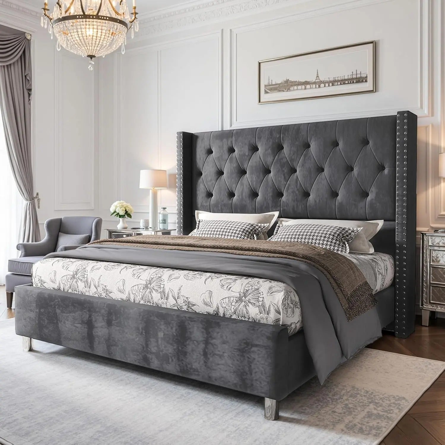 AMERLIFE Bed Frame with 49.2" Wingback Headboard, Upholstered Velvet Bed with Tufted Diamond Button/No Box Spring Needed/Easy Assembly/Christmas Gift