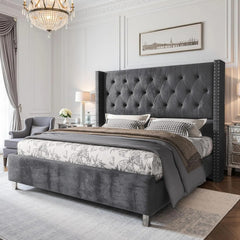 AMERLIFE Bed Frame with 49.2" Wingback Headboard, Upholstered Velvet Bed with Tufted Diamond Button/No Box Spring Needed/Easy Assembly/Christmas Gift