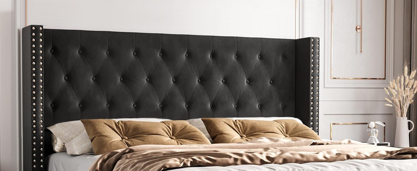 AMERLIFE Bed Frame with 49.2" Wingback Headboard, Upholstered Velvet Bed with Tufted Diamond Button/No Box Spring Needed/Easy Assembly/Christmas Gift