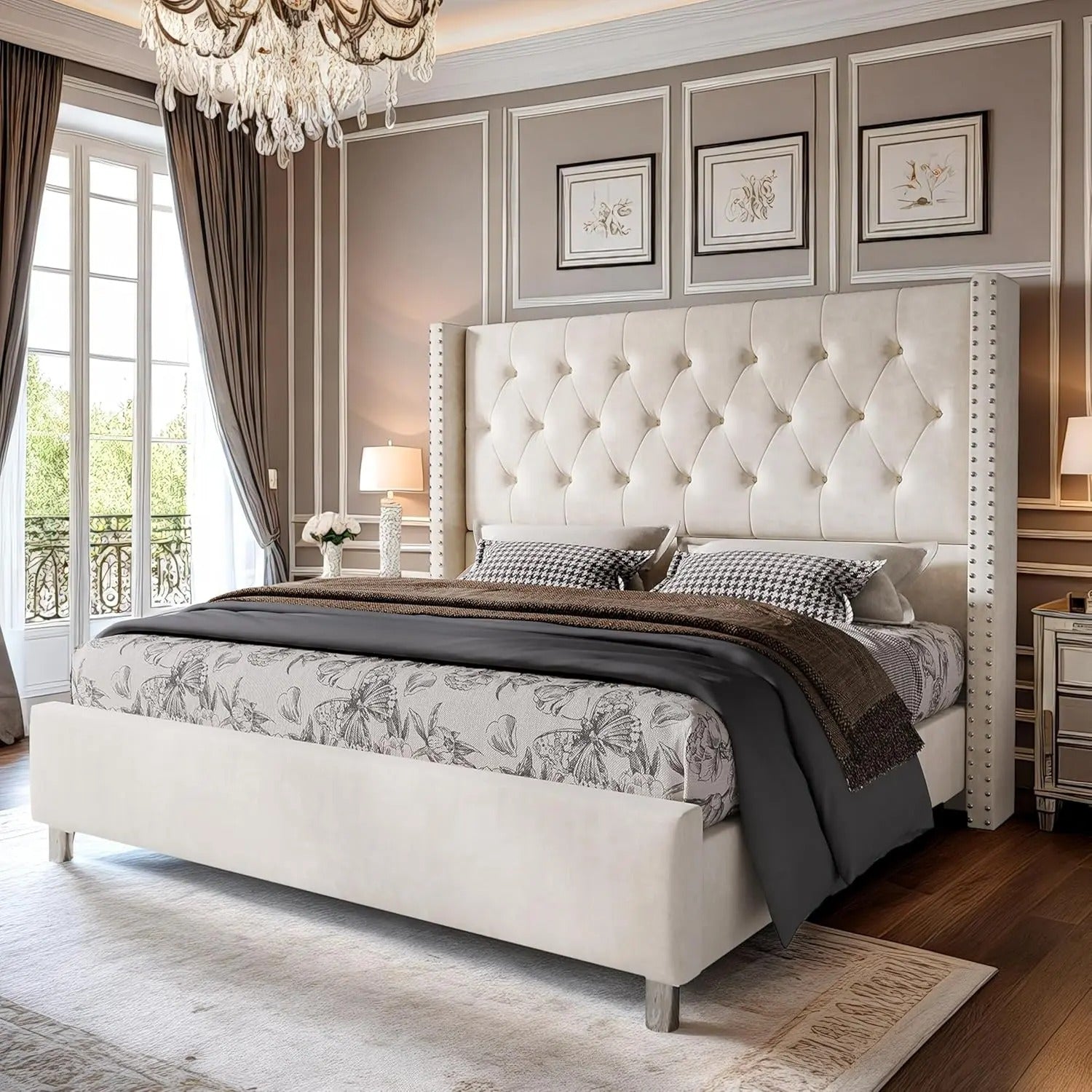 AMERLIFE Bed Frame with 49.2" Wingback Headboard, Upholstered Velvet Bed with Tufted Diamond Button/No Box Spring Needed/Easy Assembly/Christmas Gift