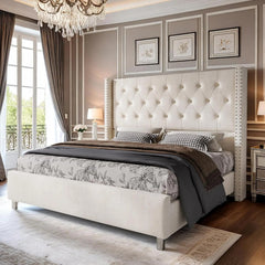 AMERLIFE Bed Frame with 49.2" Wingback Headboard, Upholstered Velvet Bed with Tufted Diamond Button/No Box Spring Needed/Easy Assembly/Christmas Gift