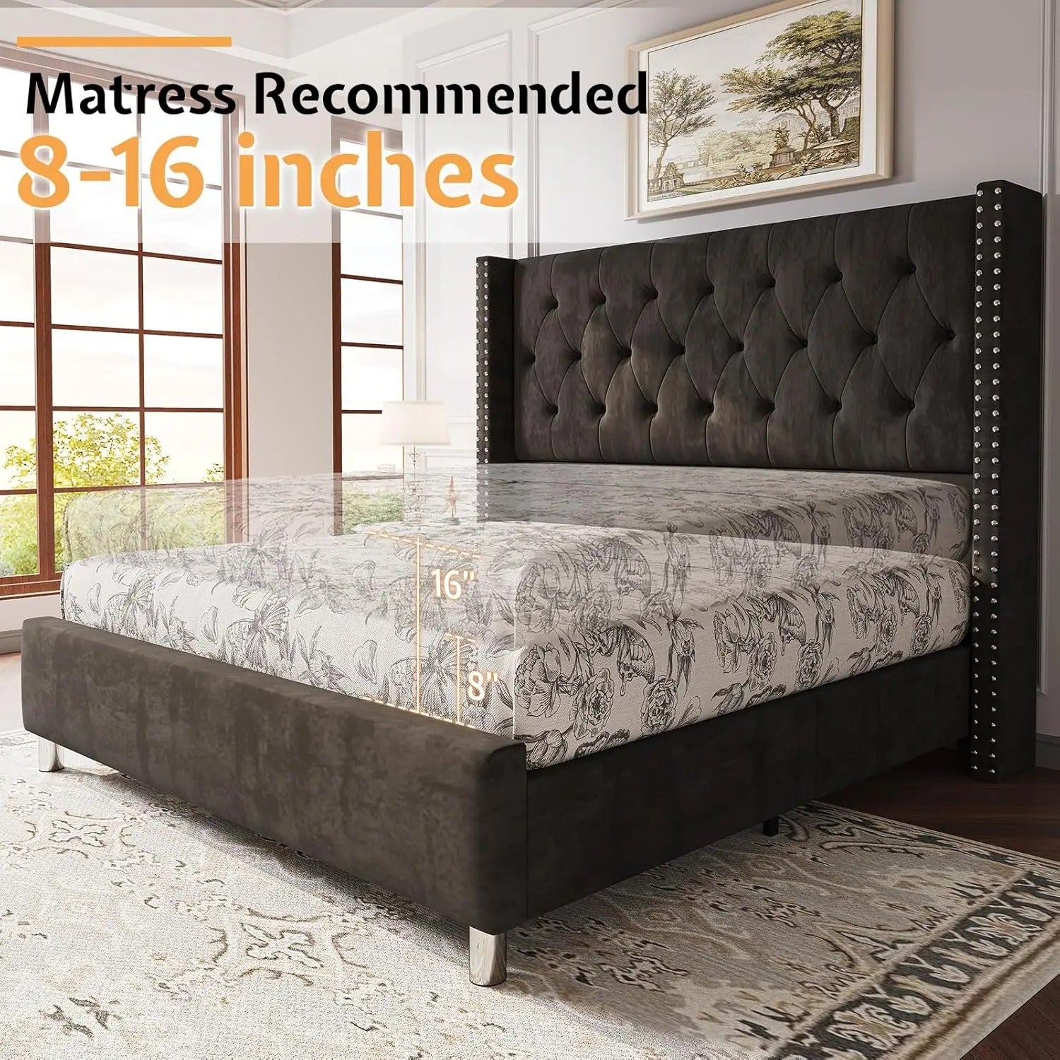 AMERLIFE Bed Frame with 49.2" Wingback Headboard, Upholstered Velvet Bed with Tufted Diamond Button/No Box Spring Needed/Easy Assembly/Christmas Gift